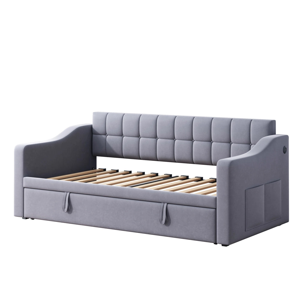 Letto imbottito 90x190 cm estensibile; velluto; grigio