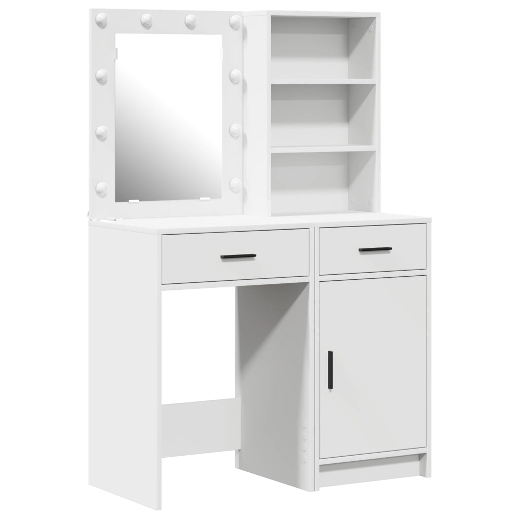 Set da Due Pezzi per Tavolo da Trucco con LED in Legno Bianco