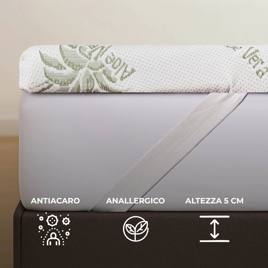 Topper Memory Foam 5 Zone 5 cm Rivestimento Aloe Vera Sfoderabile e Lavabile, Effetto Rinfrescante, 4 Elastici Angolari, Made in Italy Migliora Circolazione e Comfort del Sonno Matrimoniale