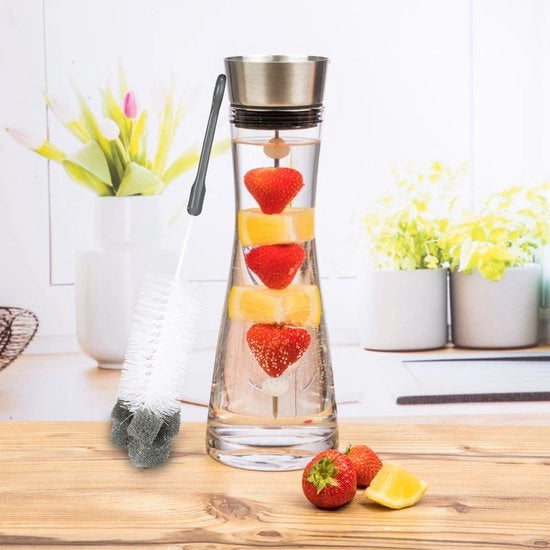 Caraffa acqua con beccuccio frutta - 1 Litro - Con filtro in acciaio inossidabile - Caraffa acqua in vetro - Bicchiere da acqua - 10 x 10 x 29,5 cm.