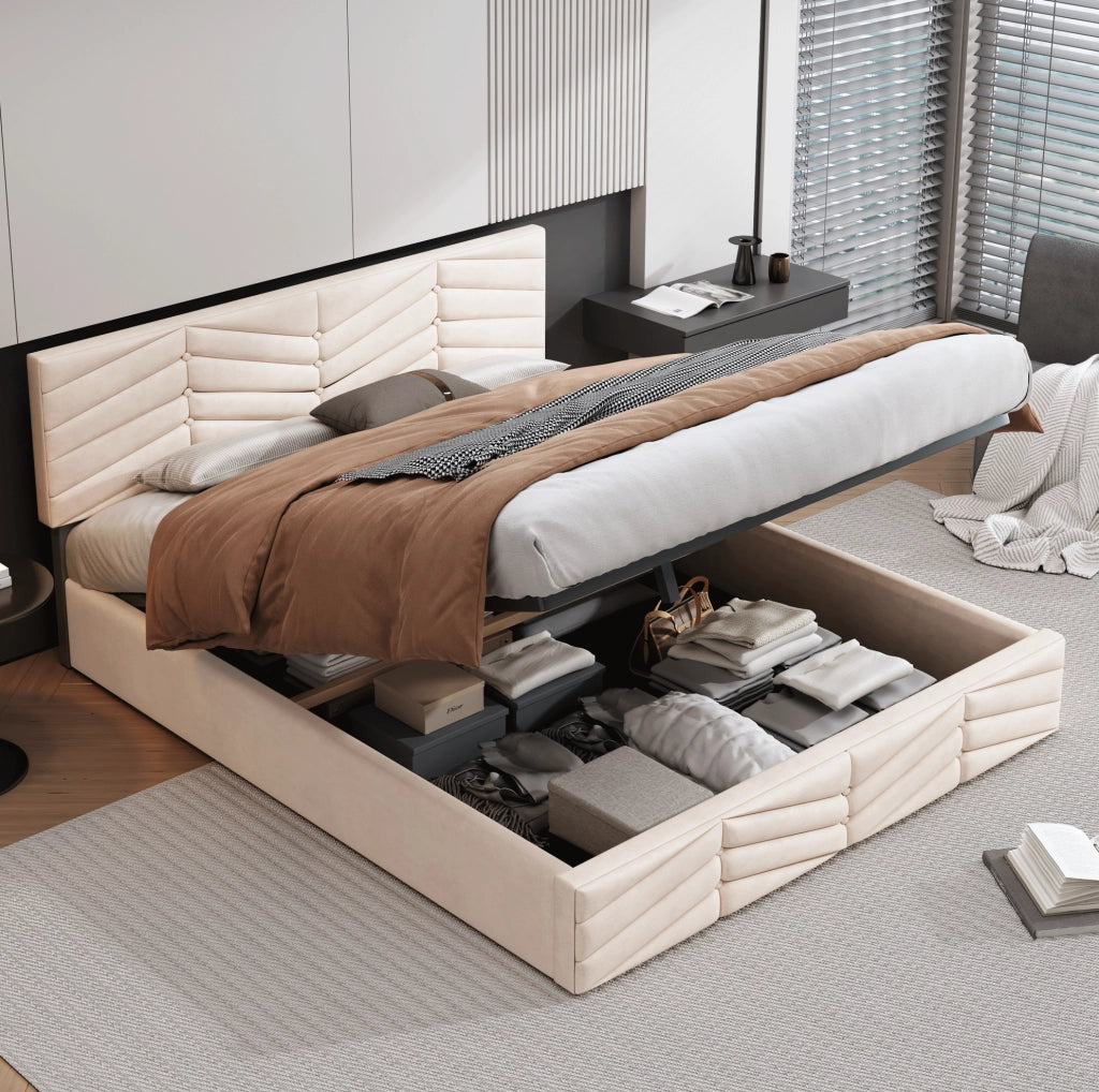 Letto imbottito 140x200 cm in velluto beige con rete a doghe