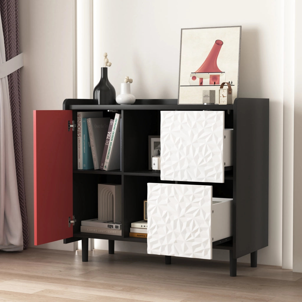 Credenza sideboard in MDF nero e rosso 90x40x80 cm con 2 cassetti e vano aperto