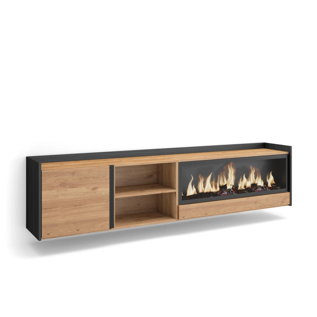 Mobile TV Soggiorno, 212x50x35 cm, Per TV fino a 80", Camino elettrico XXL, Sospeso, da appendere, Rovere e nero