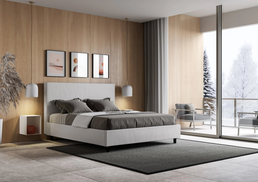BS COM Letto queen size senza rete imbottito 150x200 similpelle bianco