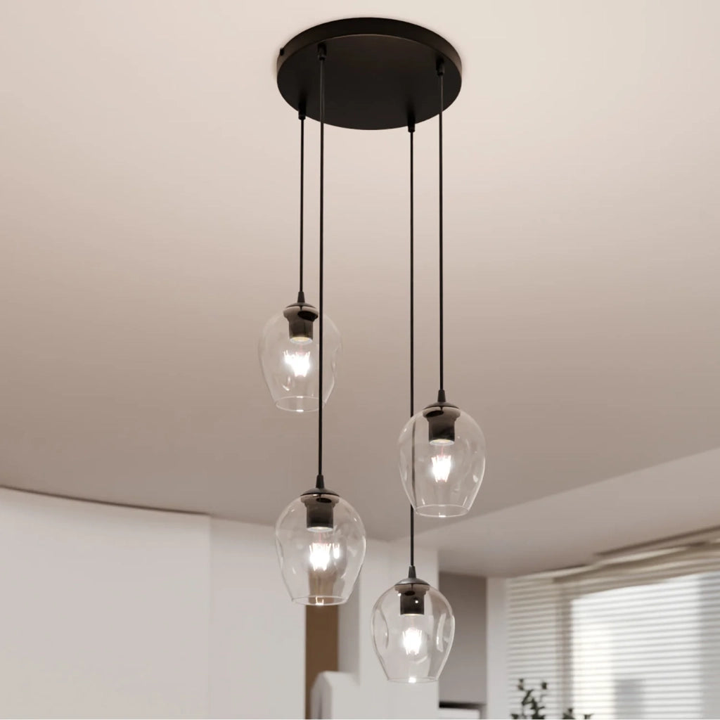 Lampadario 4 Luci Fuxi Base Tonda In Acciaio Nero E Vetri Trasparente