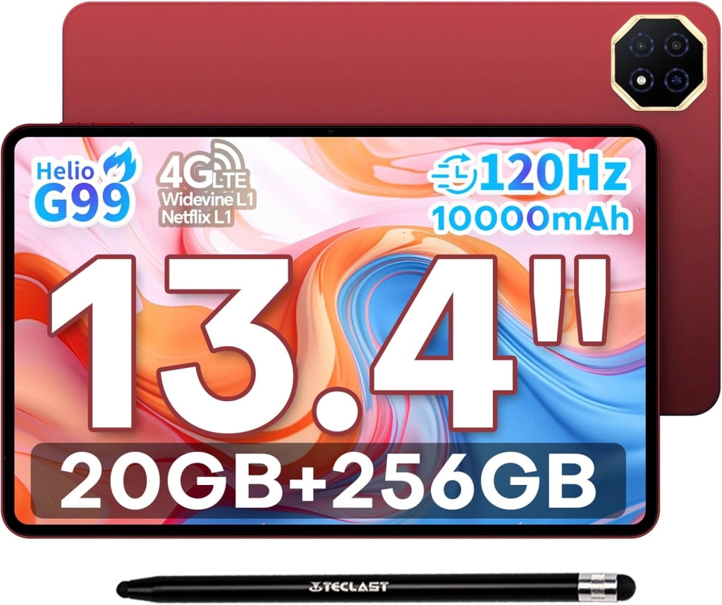 T65PLUS Helio G99 Tablet 13.4 Pollici, 2.2GHz Octa-Core 120Hz Tablet Android 15, 20GB RAM+256GB ROM(TF 8TB), Doppio SIM 4G LTE + 5G WiFi, 10000mAh/18W, Gemini AI/Widevine L1/GPS/13MP/OTG, 2026