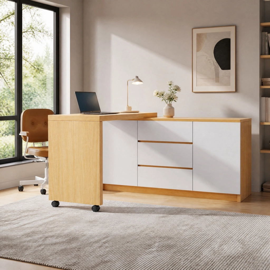 Scrivania pieghevole girevole 360° con ruote bloccabili, 2 ante e 3 cassetti, 120x50x76,5 cm, bianco/rovere