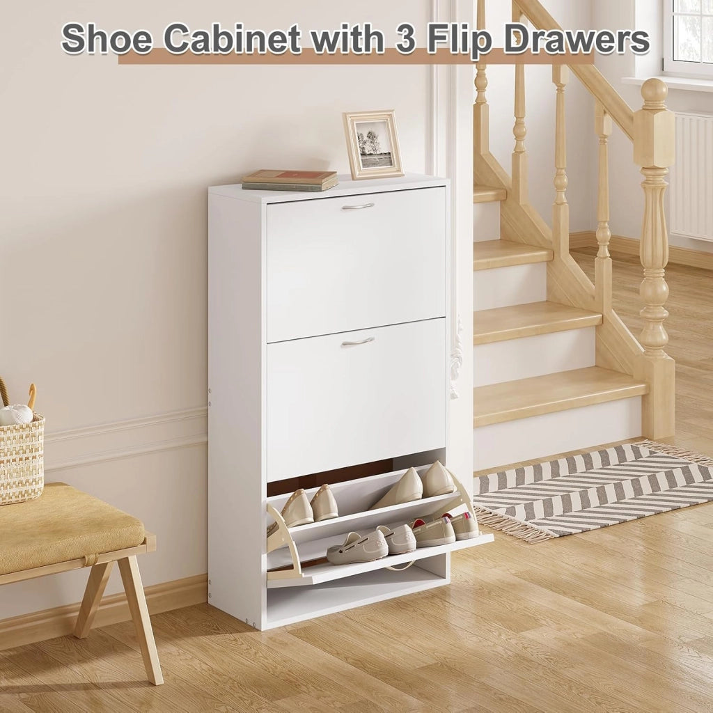 Scarpiera Salvaspazio Slim e Alta, Porta Scarpe con 3 Ante a Ribalta, Organizer per Scarpe con Divisori Staccabili, Scarpiera Bianca in Legno per Ingresso, Corridoio
