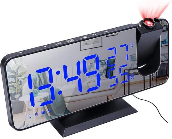 Alarme Digitale con Proiezione, Radio e 4 Regolazioni di Luminosità, 180° di Rotazione, Display da 7.4'' con 2 Suoni, Schermo Giallo-Blu