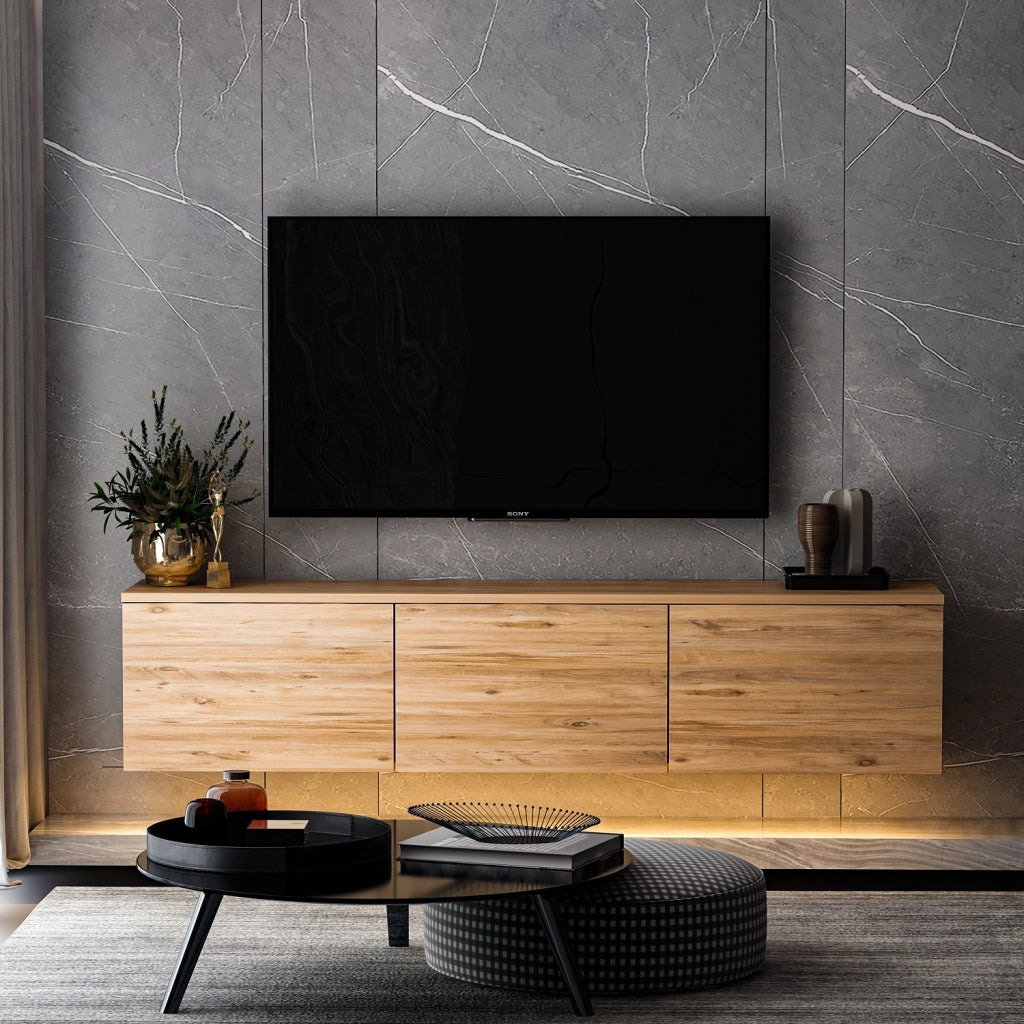 Porta TV in legno sospeso "illuminato al neon" con illuminazione a LED - 160 x 32 x 35 cm - Marrone
