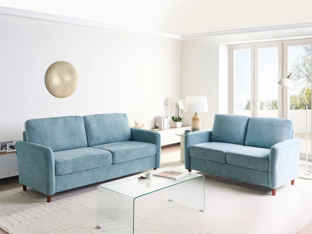 Set da salotto composto da divani da 2 e 3 posti rivestito in tessuto azzurro con braccioli soggiorno stile moderno