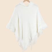 Mantella/scialle da donna con cappuccio in maglia, maglione a maglia larga, tinta unita, con nappe, mantella calda e versatile.