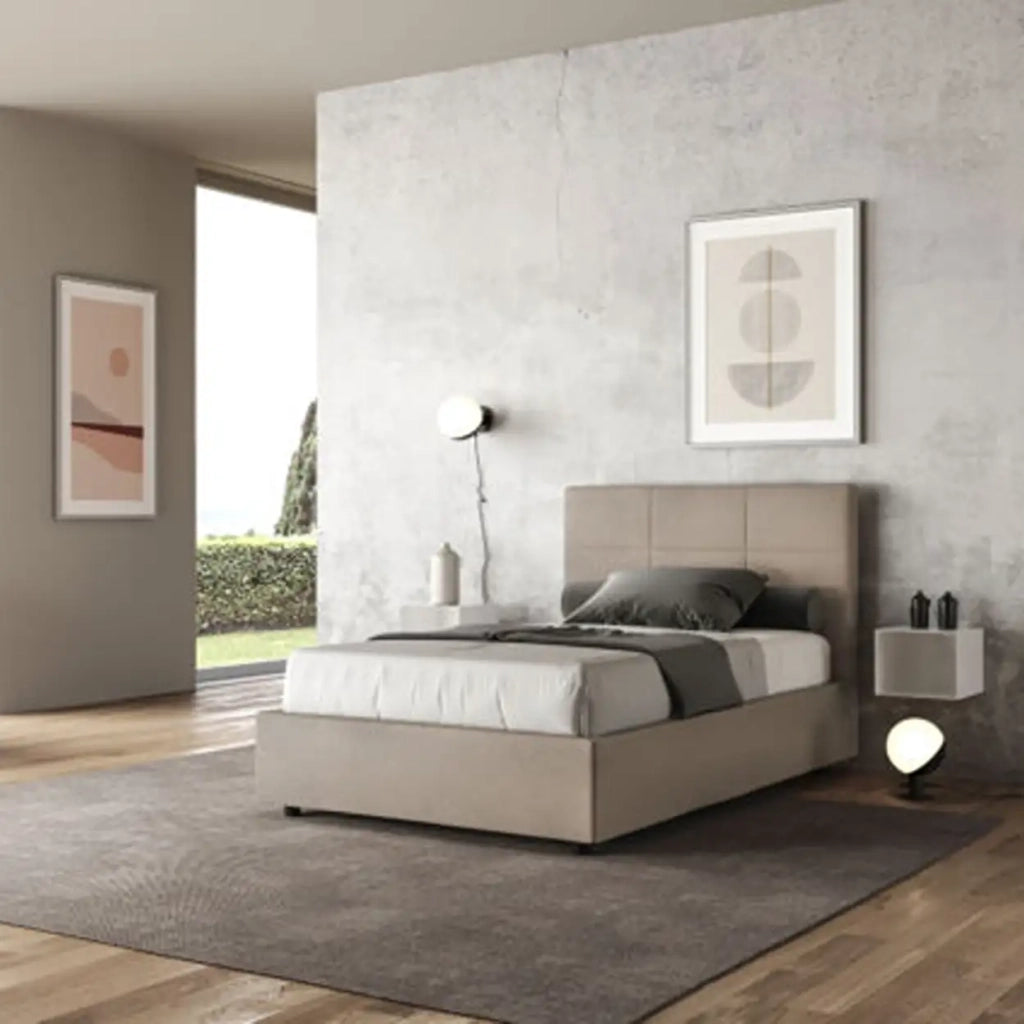 Letto una piazza e mezza con rete imbottito 120x210 microfibra sabbia Mika