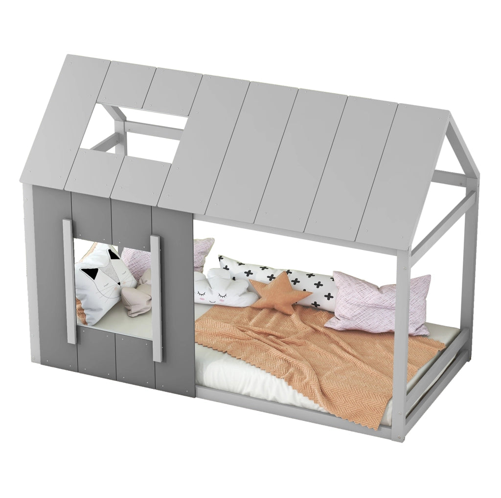 Letto a casetta 90 x 200 cm in pino e MDF, grigio