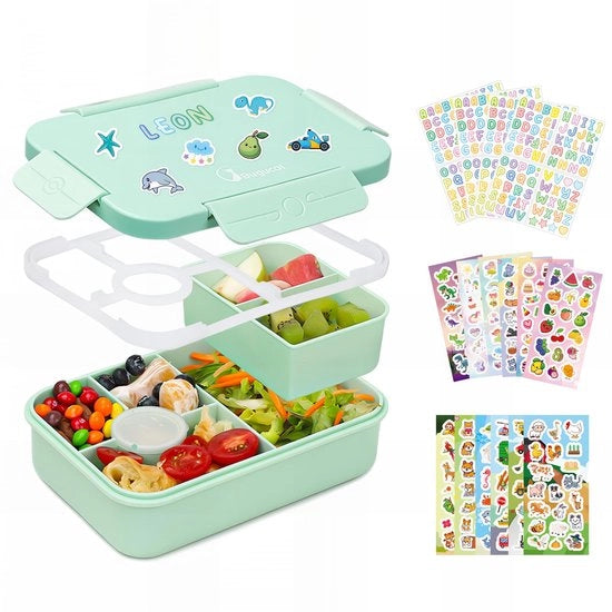 Lunchbox per bambini con compartimenti 1300ML, impermeabile, con 16 adesivi, contenitore per pasti con set di utensili, per bambini di entrambi i sessi, colore verde.