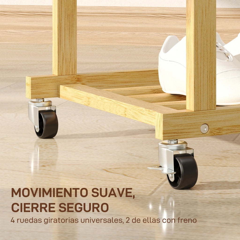Appendiabiti con Ruote in Legno Bamb¨´ ¨C Xylo ¨C Scarpiera 2 Barre 80x40x160cm Naturale