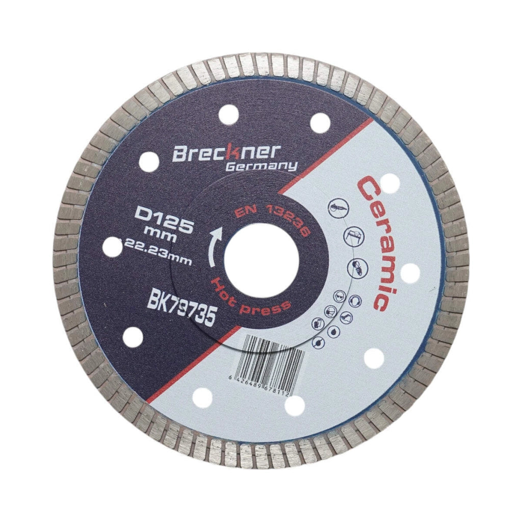 Disco diamantato turbo 125x22,23 mm, segmento 8 mm per piastrelle, maiolica, ceramica dura, marmo, granito Breckner Germany