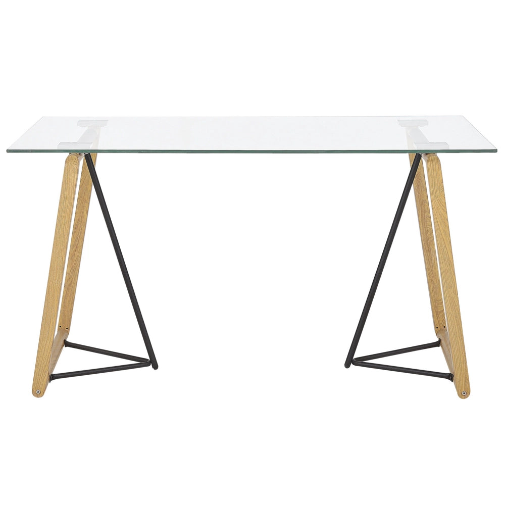 Tavolo da Pranzo Trasparente 140 x 80 cm Piano in Vetro Temperato Metallo Leggero Base in Legno Rettangolare Scandinavo Moderno