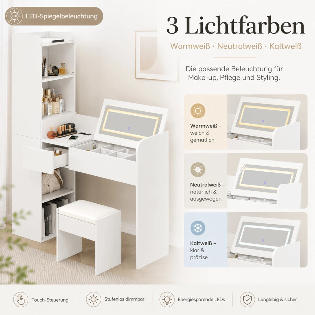 Toeletta con specchio LED pieghevole tre luci USB armadio laterale e sgabello bianca 131 × 40 × 160 cm