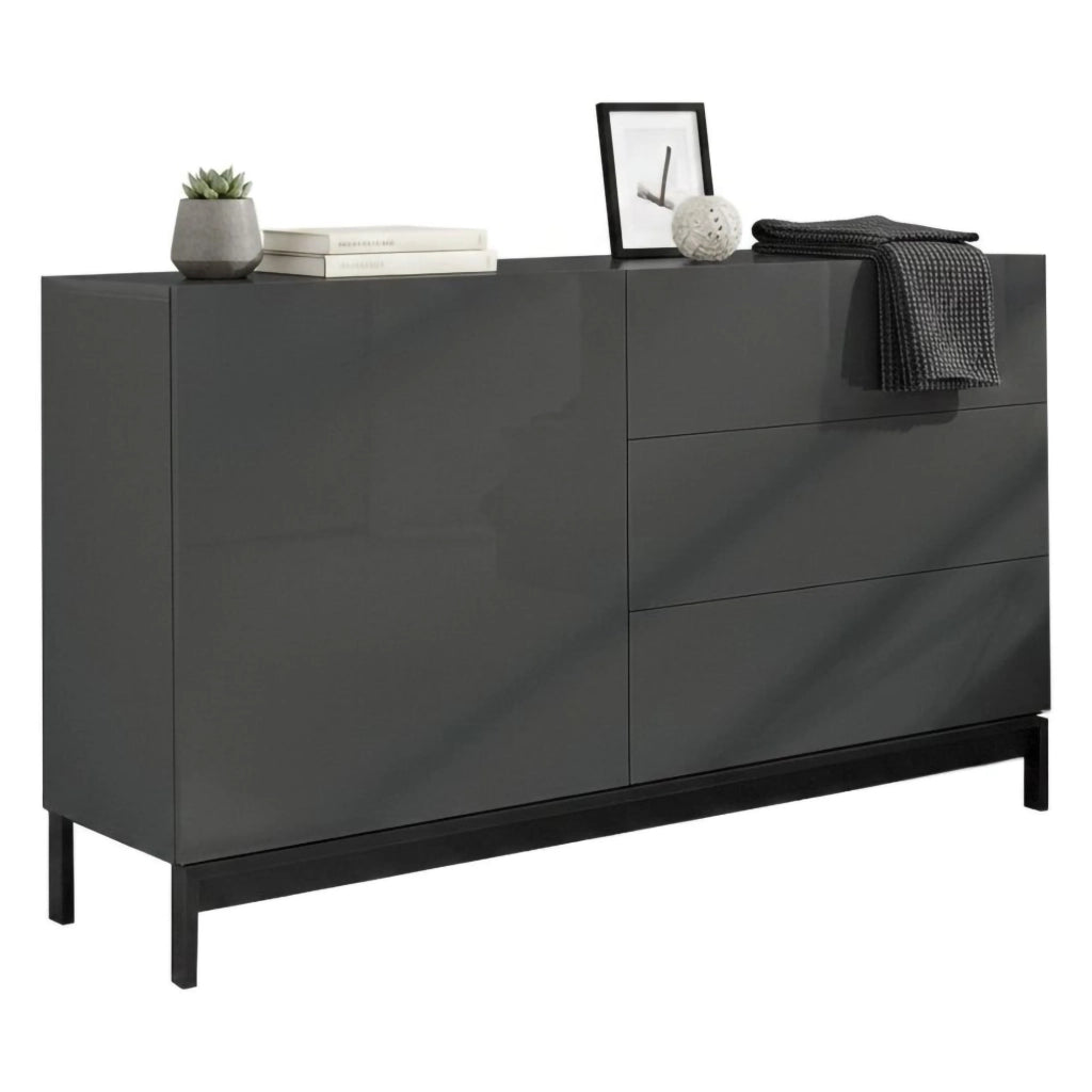 Credenza moderna a 1 anta e 3 Adana, Made in Italy, Madia da cucina, Buffet di design da soggiorno, con piedini, cm 110x40h47, Antracite lucido