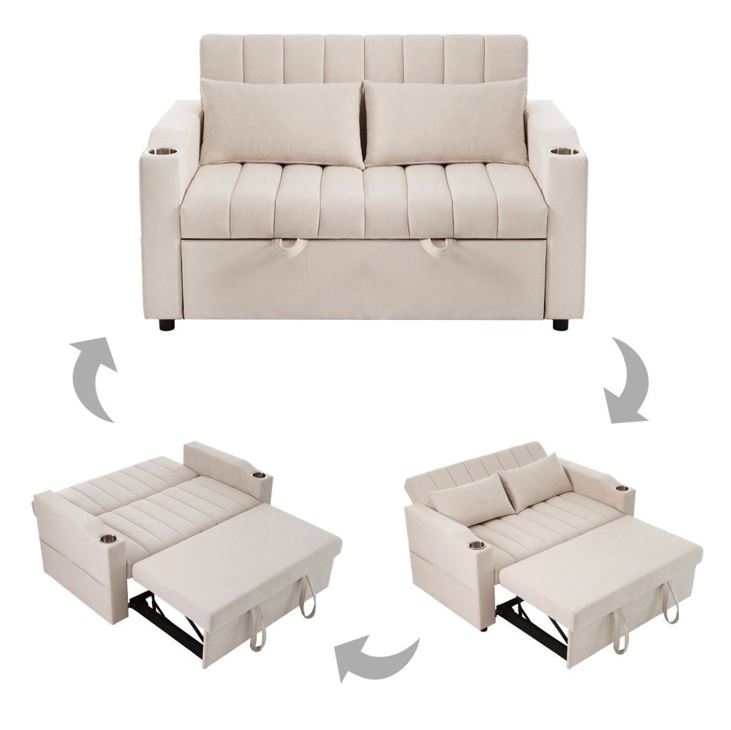 Divano letto 2 posti trasformabile con schienale reclinabile e portabevande; beige