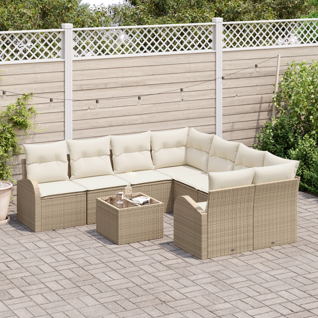 Set Divano Giardino  9 Pezzi con Cuscini Beige Polyrattan