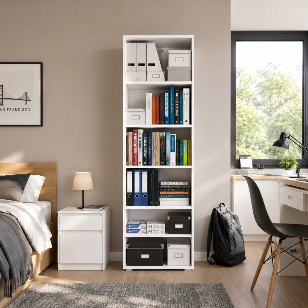 Libreria Verticale Bianca Alta con 5 Ripiani Regolabili | Scaffale Salvaspazio per Libri, Documenti e Decorazioni | Mobile Moderno per Casa, Ufficio e Studio 60x30x195 cm