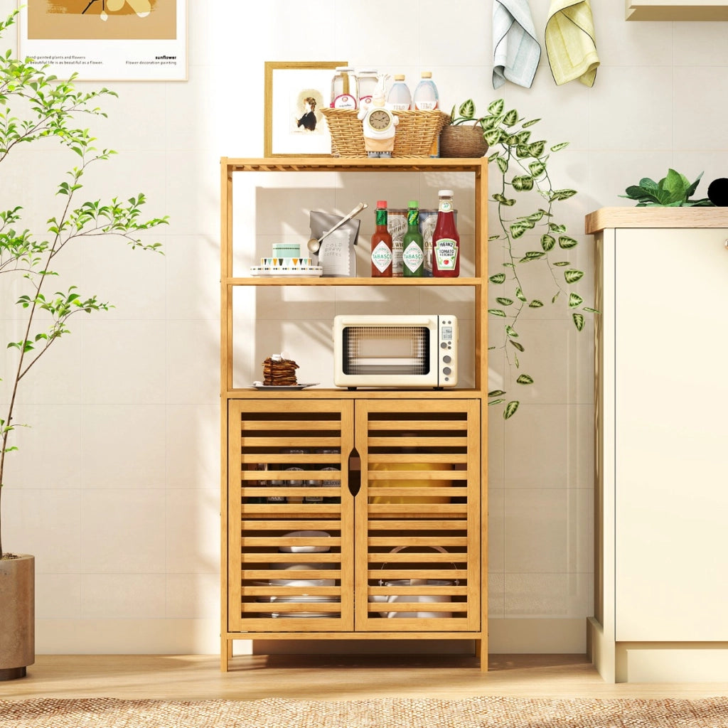 Scaffale in bamb¨´ con ante a 4 ripiani con mensole aperte e armadio con persiane, Scaffale di stoccaggio moderno Naturale-Scaffali e librerie