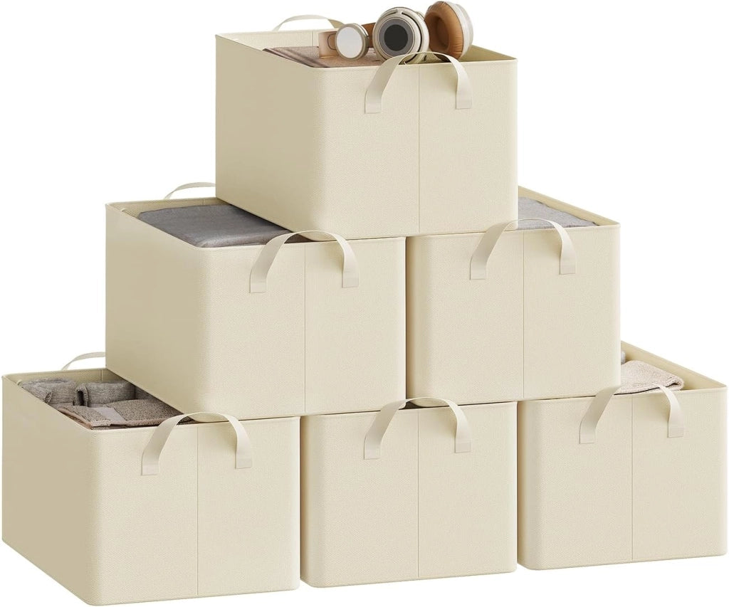 Set di 6 Scatole Portaoggetti Pieghevoli, Contenitori in Tessuto con Manici, per Vestiti e Giocattoli, Crema, 37,5x20x26cm