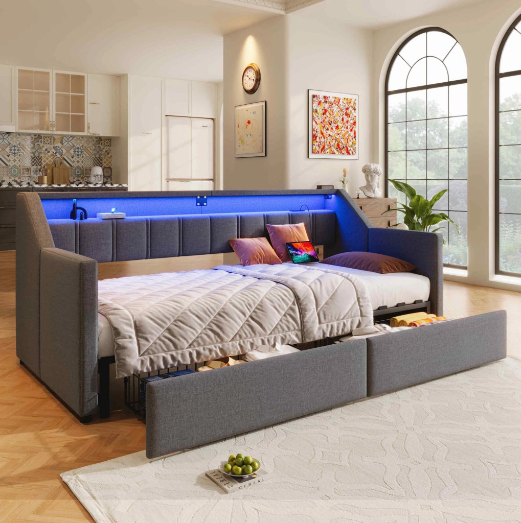 Letto singolo estraibile 90x200 con LED, USB-C e cassetti
