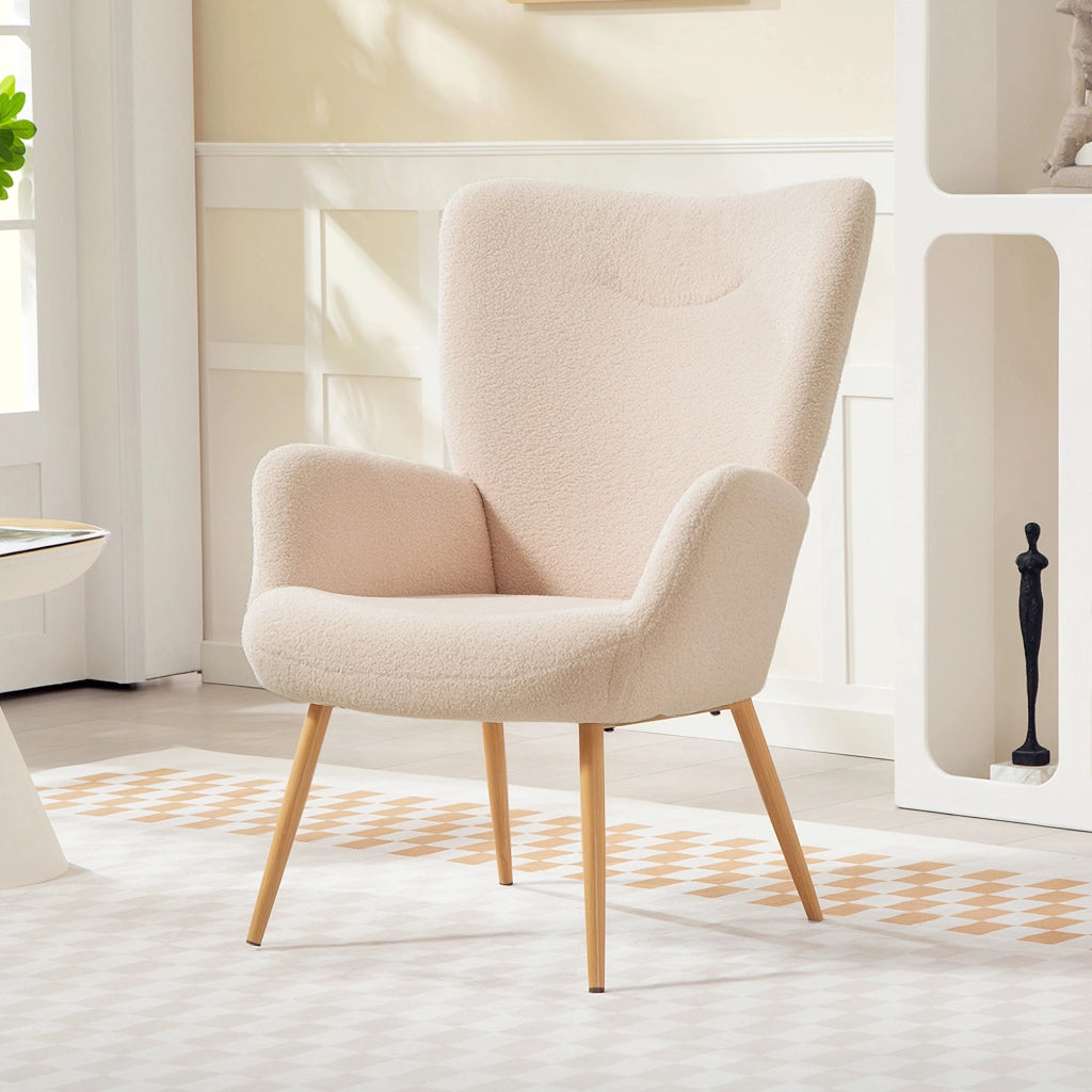 Poltrona imbottita in tessuto boucl¨¦ con schienale alto e braccioli ¨C zephmum ¨C beige 71x74x97,5cm