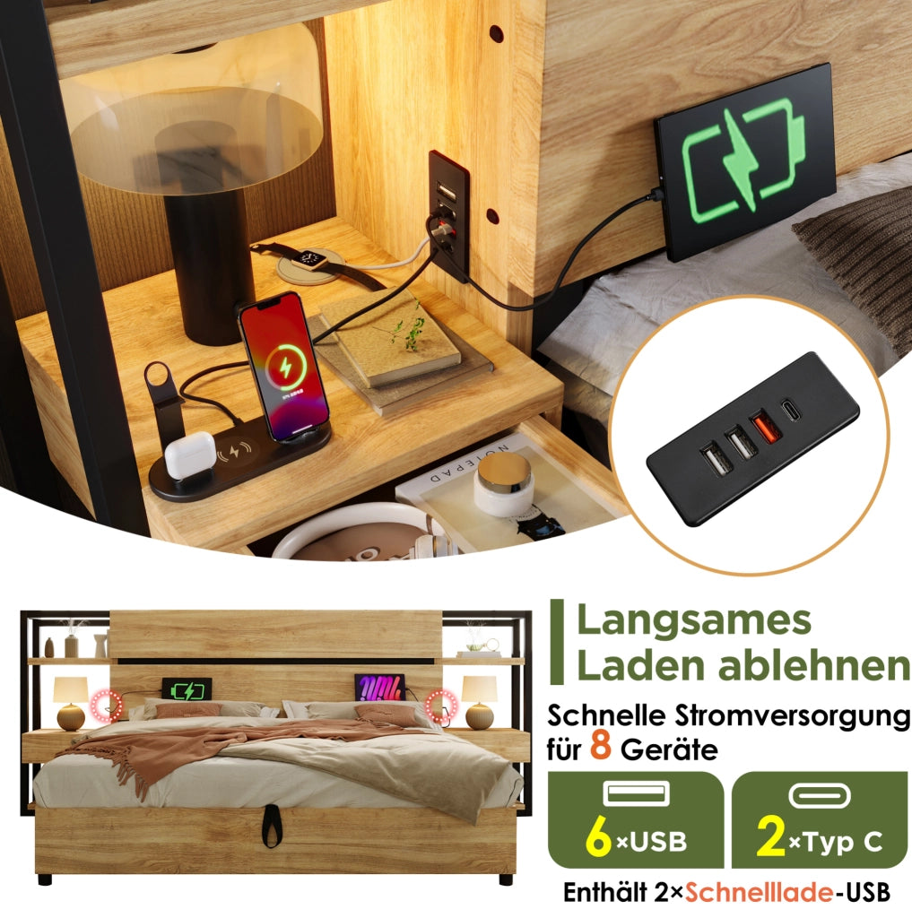 Letto matrimoniale 180x200 cm con ricarica USB e Type-C