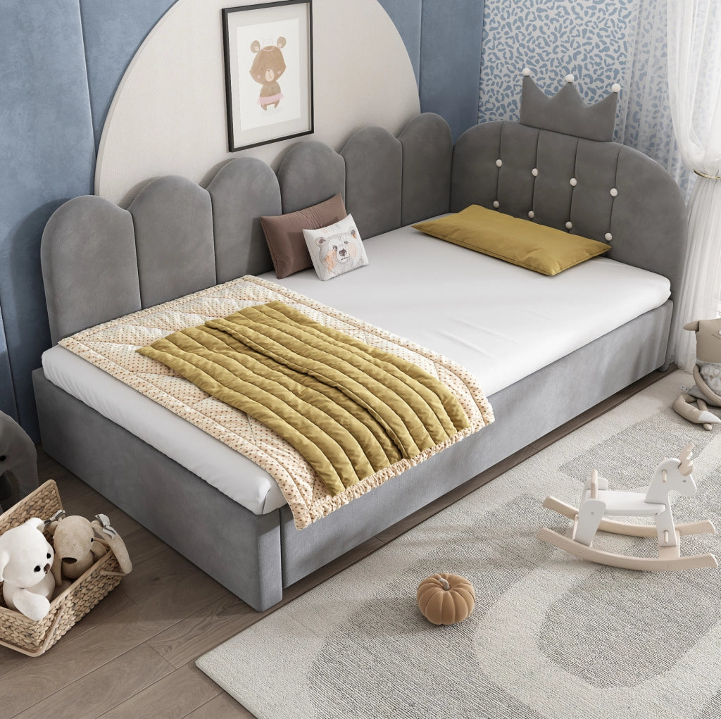 Letto singolo con letto estraibile L; design corona e griglia; 90x200 cm; velluto grigio
