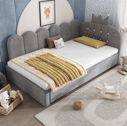 Letto singolo con letto estraibile L; design corona e griglia; 90x200 cm; velluto grigio