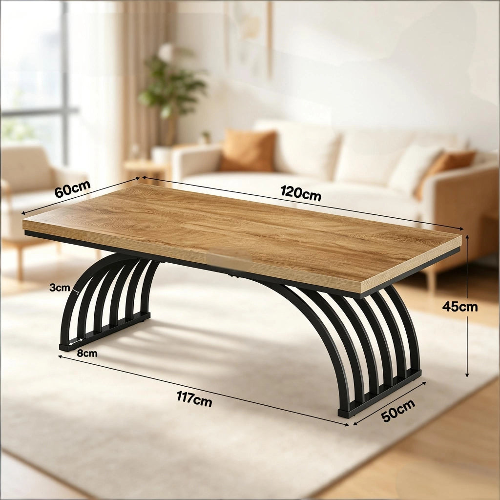 Tavolino basso con piano da 120 cm e struttura in metallo design aperto per soggiorno in metallo e legno nero marrone