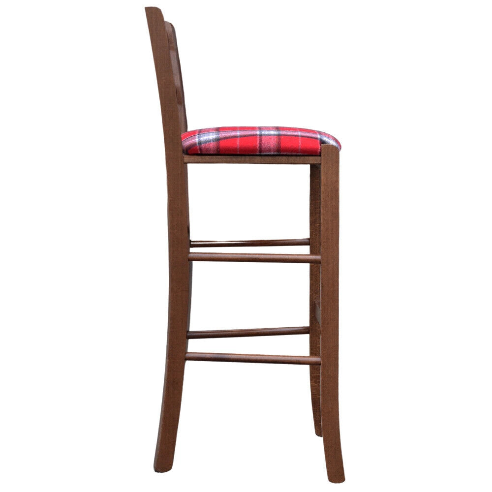 Sgabello Venezia legno noce scuro h 73 cm con seduta in stoffa tessuto scozzese