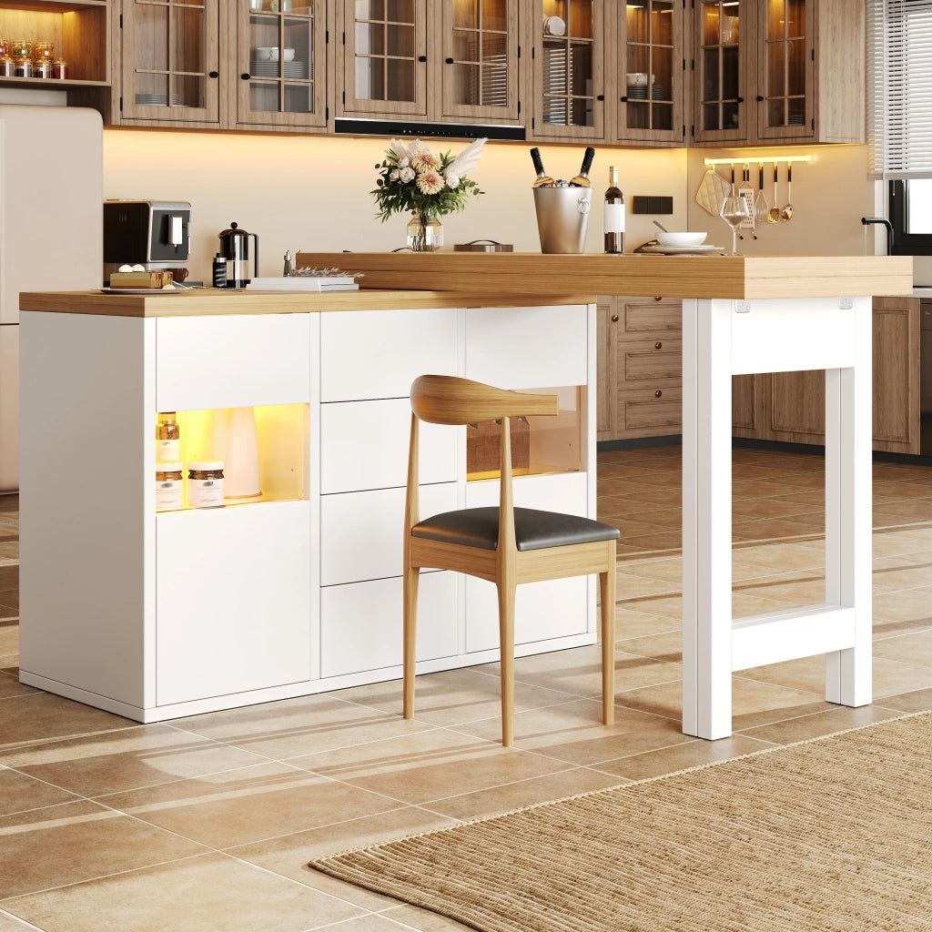 Credenza da cucina girevole a 360°; con 4 cassetti e porte in vetro; LED; per cucina e sala da pranzo