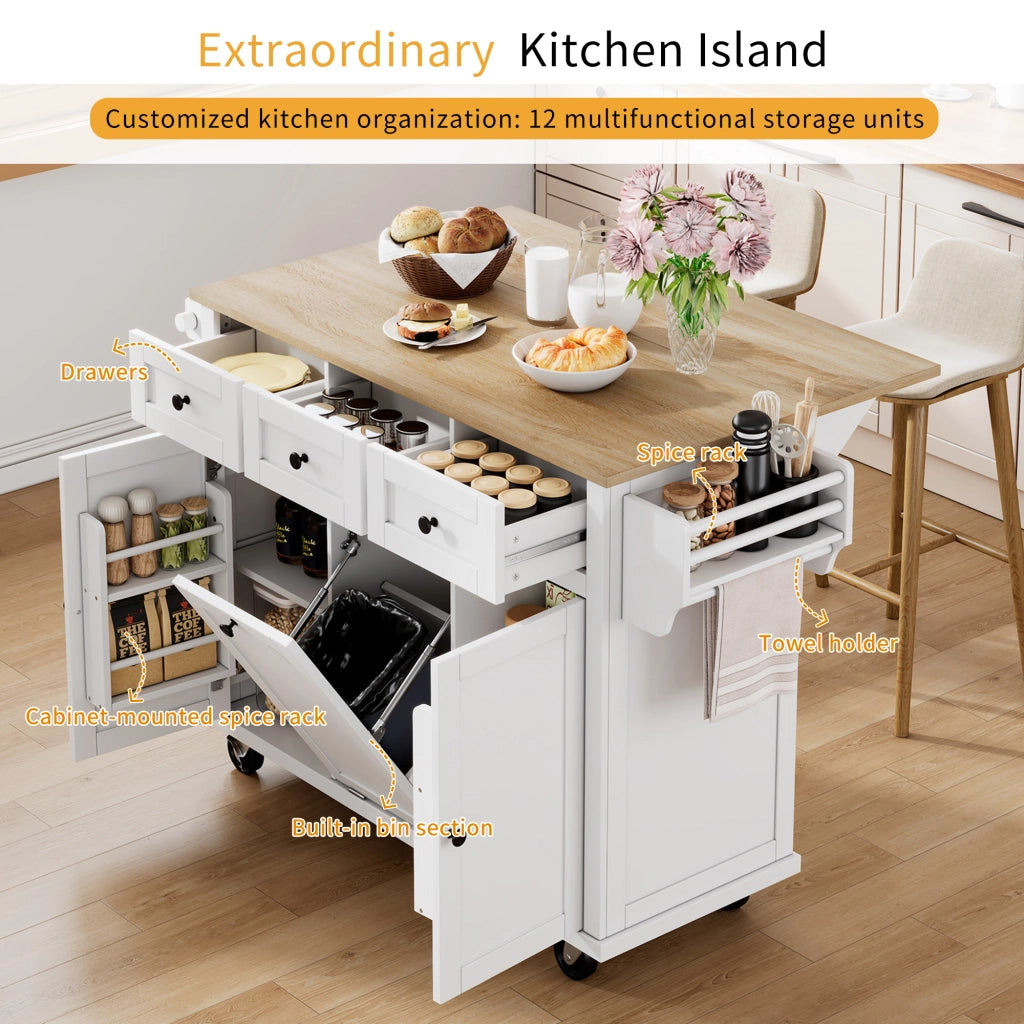 Isola da Cucina con Cassetti; Piano Estensibile; Vano per Rifiuti e Portasciugamani; Bianco e Naturale
