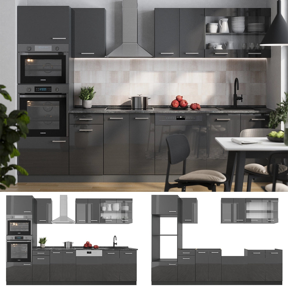 Vicco Cucina componibile Antracite lucido/antracite 300 cm con armadio alto, PL Antracite