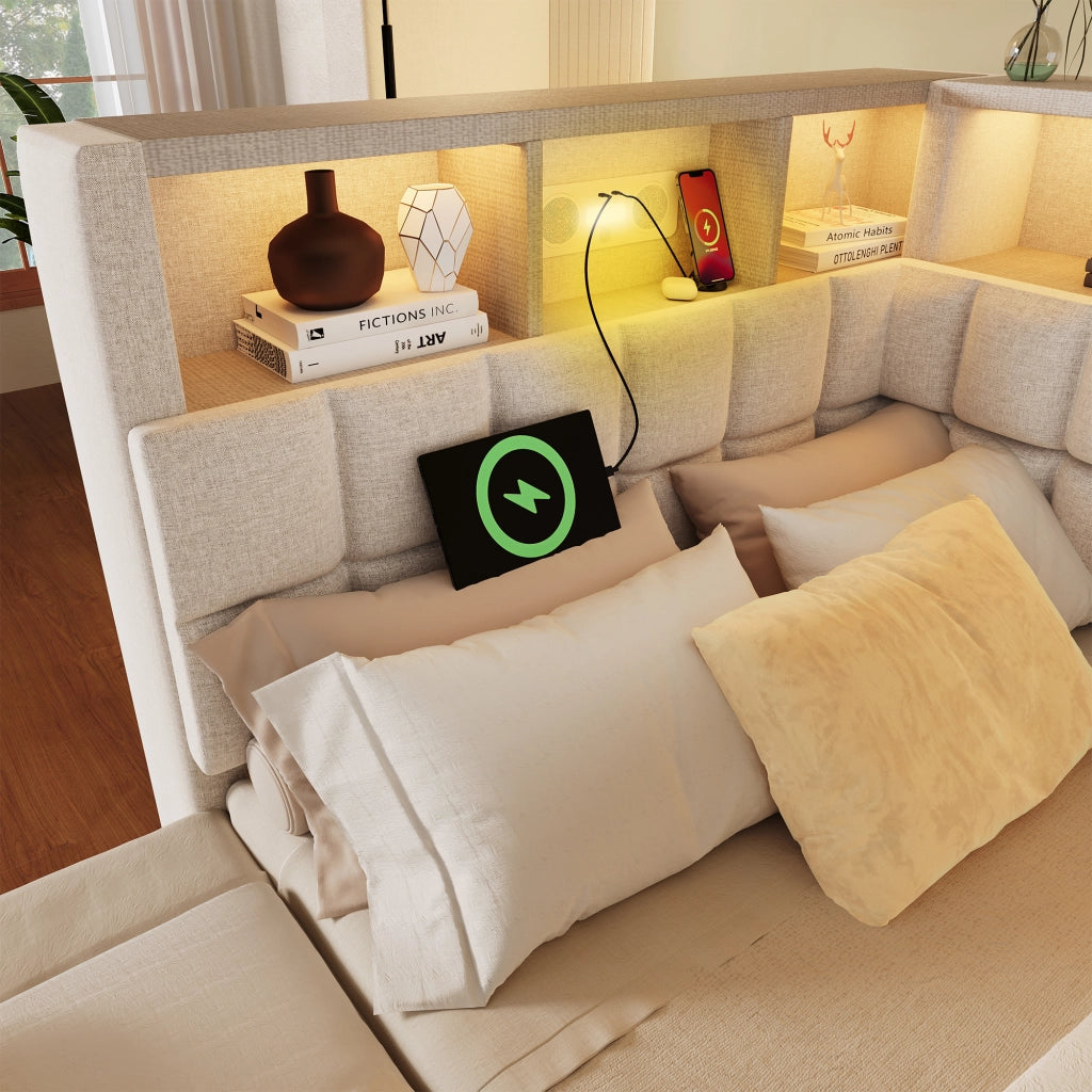 DESMIU Letto con contenitore 90 × 200 cm 1 posto con LED, USB, Type-C e altoparlante Bluetooth, senza materasso, beige