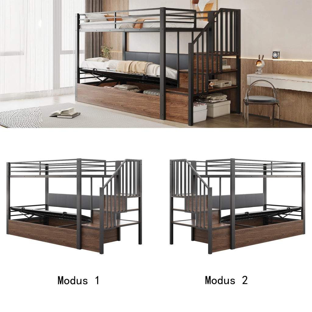 Letto a soppalco 90 × 200 cm con contenitore idraulico, scala con vani portaoggetti, sponde alte, senza materasso