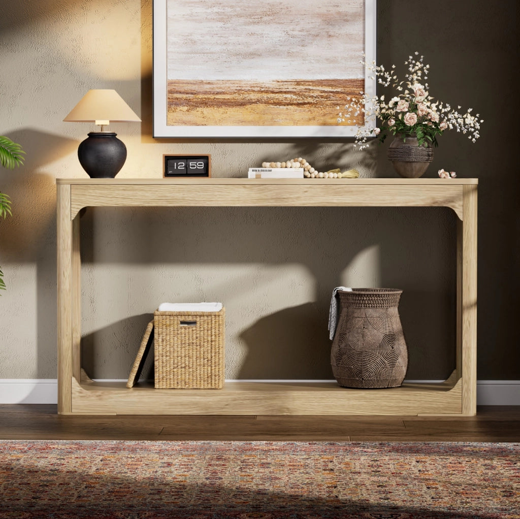 Tavolo consolle stretto 140 cm con ripiani aperti in MDF color naturale
