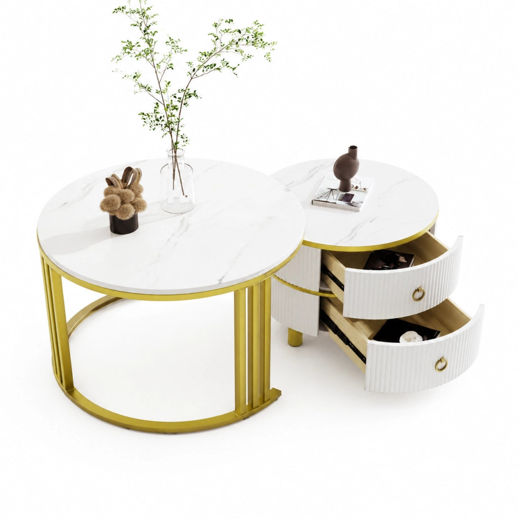 Set di tavolini da salotto 70x70x46 cm e 50x50x40 cm; piano lucido effetto marmo; MDF bianco