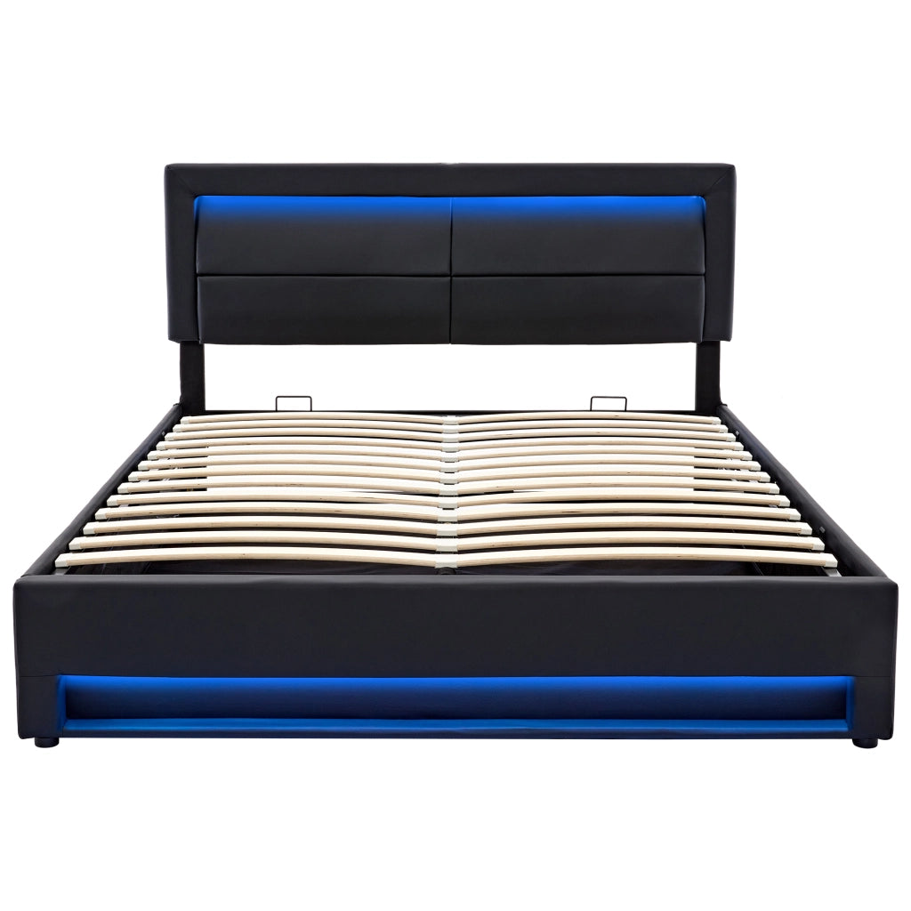 Letti contenitori 140x190 cm; USB; LED e contenitore; PU; nero (Senza materasso)