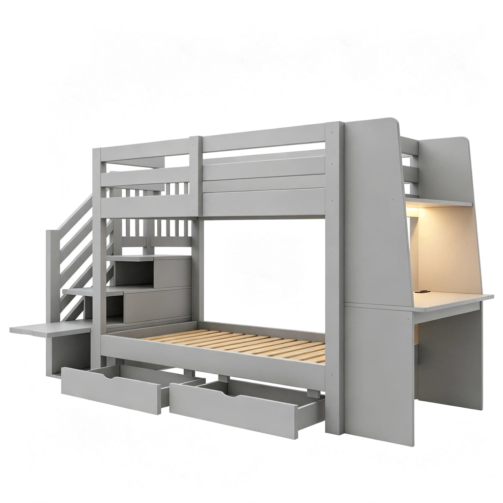 Letto a castello per bambini 90 x 200 cm con scrivania; libreria e LED; legno grigio