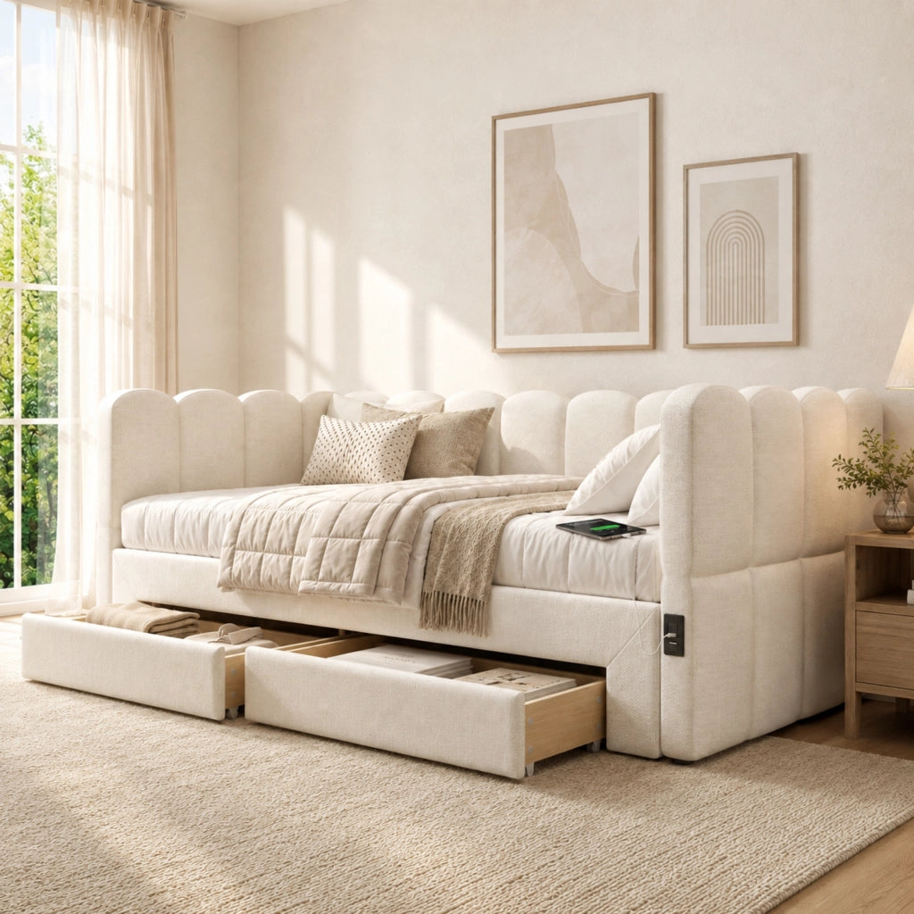 Divano letto con letto estraibile e cassetti, 90x190 cm, lino beige