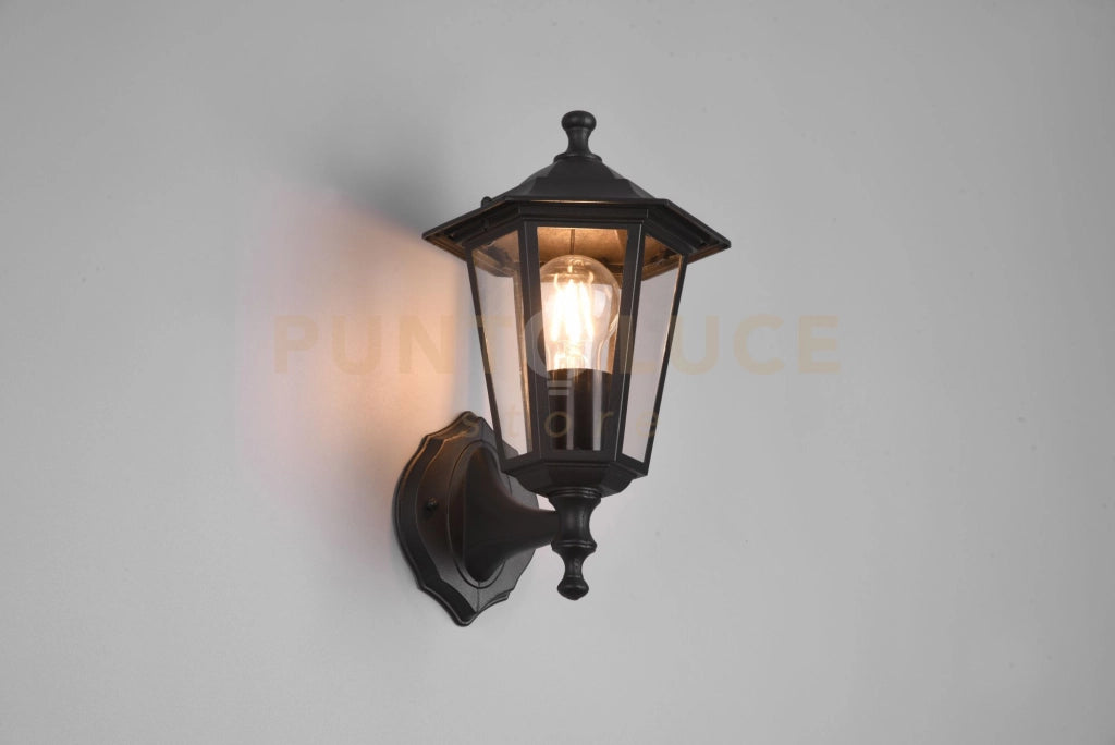 PIENZA APPLIQUE DA ESTERNO UP 6 LATI FUSIONE DI ALLUMINIO NERA E VETRO TRASPARENTE H. 31CM IP44 1 LUCE ATTACCO E27