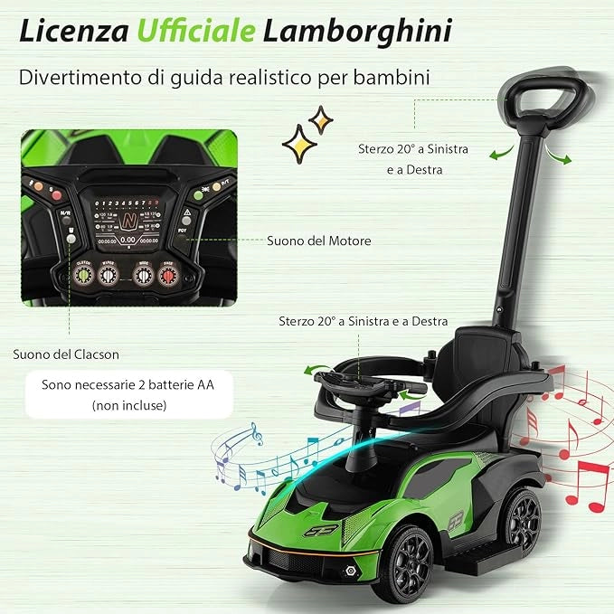 3 in 1 Lamborghini Auto a Spinta per Bambini, Macchina Cavalcabile con Impugnatura e Scatola di Stoccaggio, Ideale per Bambini 12-36 Mesi (Verde)