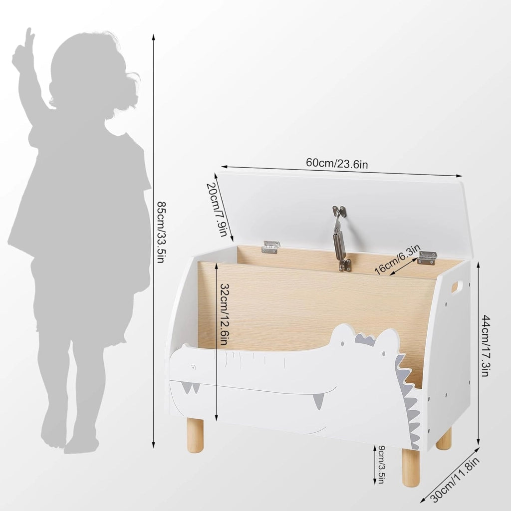 Panca Contenitore per Bambini, Contenitore Porta Giocattoli in Legno a Coccodrillo, Cassapanca con Scomparto Chiuso e Aperto, Bianco, 49,5x30x44,5cm