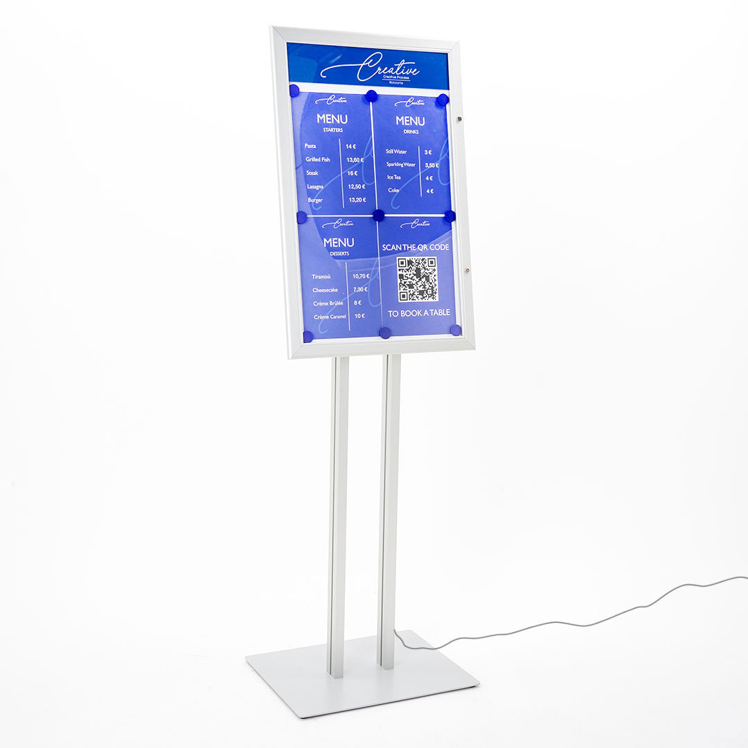 Espositore a Leggio con Piantana 51,4x79 cm in Alluminio con Led Porta Menù Silver